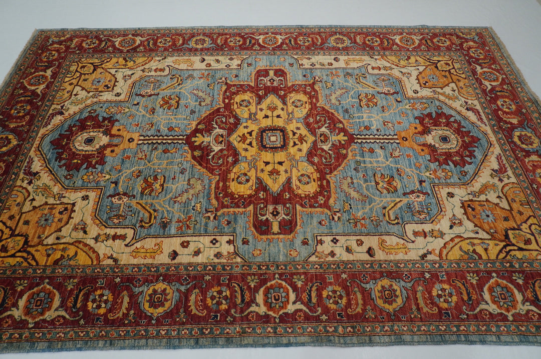 6x9 Blue Red Serapi Afghan Hand knotted Medallion Area Rug - Yildiz Rugs