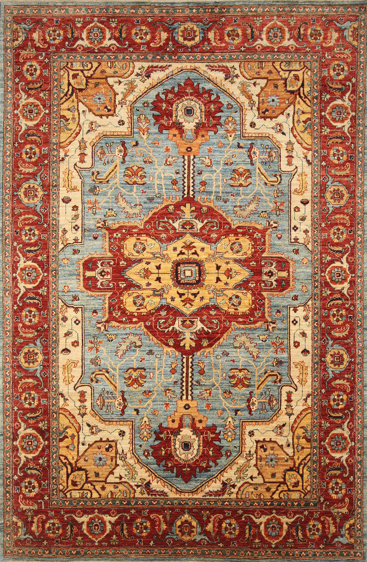 6x9 Blue Red Serapi Afghan Hand knotted Medallion Area Rug - Yildiz Rugs