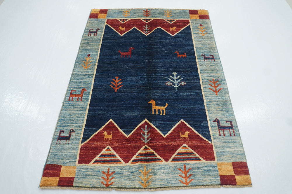 4x6 Tribal Gabbeh Navy Blue Afghan Hand knotted Rug - Yildiz Rugs