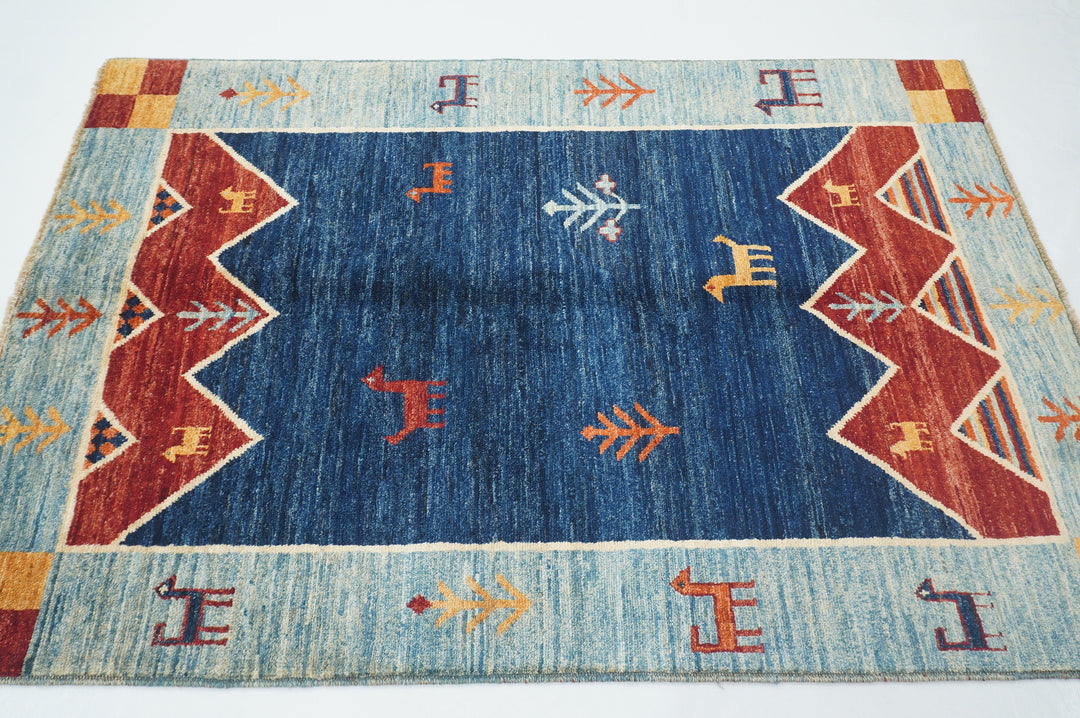 4x6 Tribal Gabbeh Navy Blue Afghan Hand knotted Rug - Yildiz Rugs