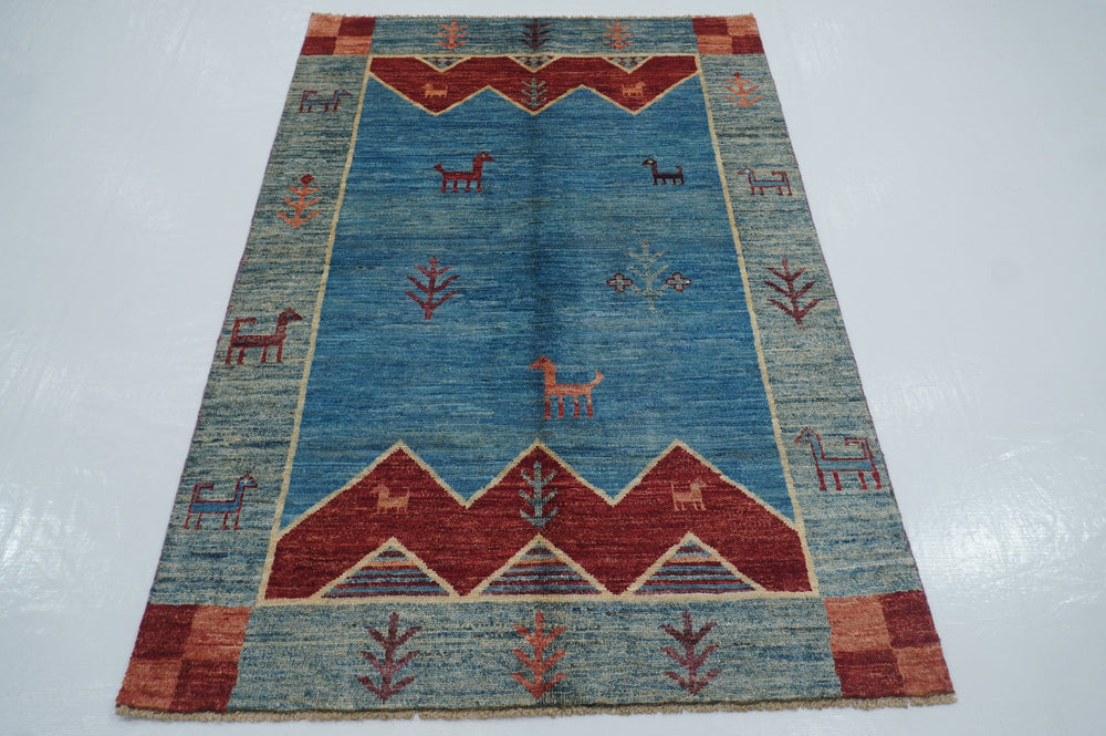 4x6 Tribal Gabbeh Turquoise Blue Afghan Hand knotted Rug - Yildiz Rugs