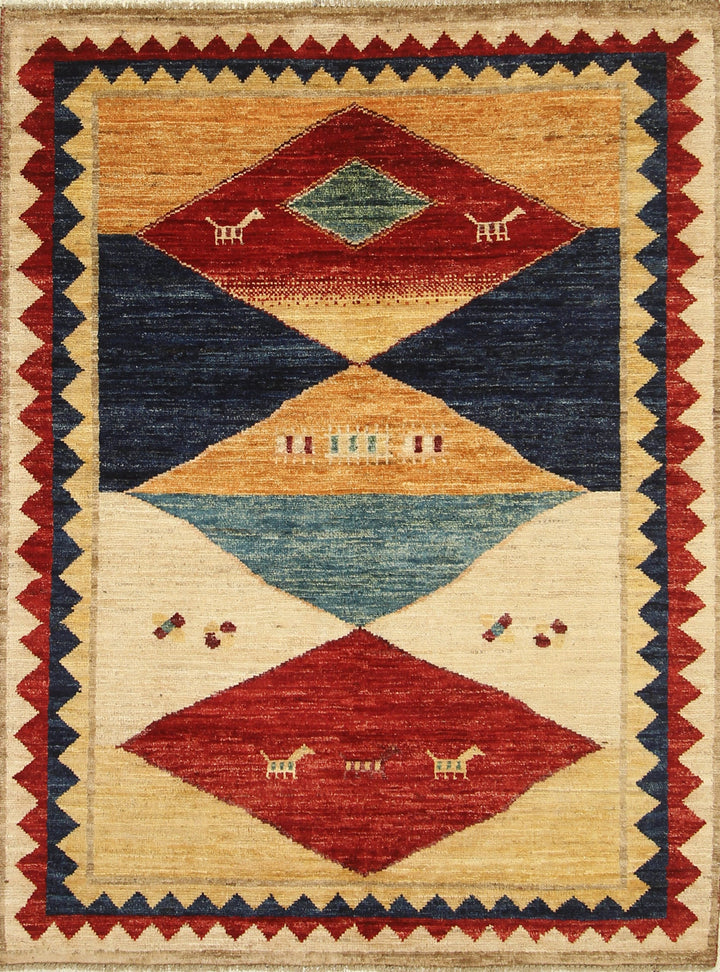 4x6 Tribal Gabbeh Beige Afghan Hand knotted Rug - Yildiz Rugs