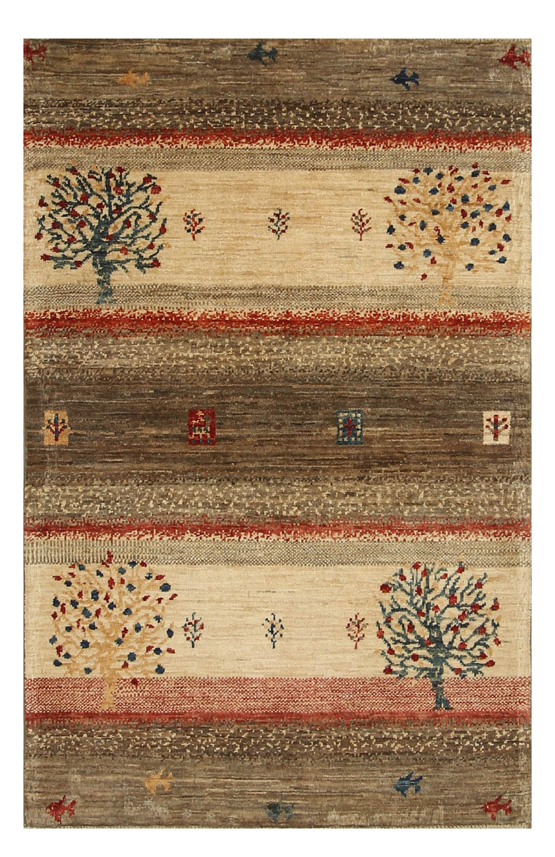 3x4 Tree Gabbeh Beige Gray Afghan Hand Knotted Tribal Landscape Rug - Yildiz Rugs