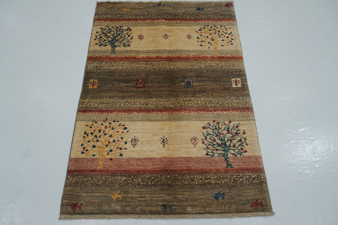 3x4 Tree Gabbeh Beige Gray Afghan Hand Knotted Tribal Landscape Rug