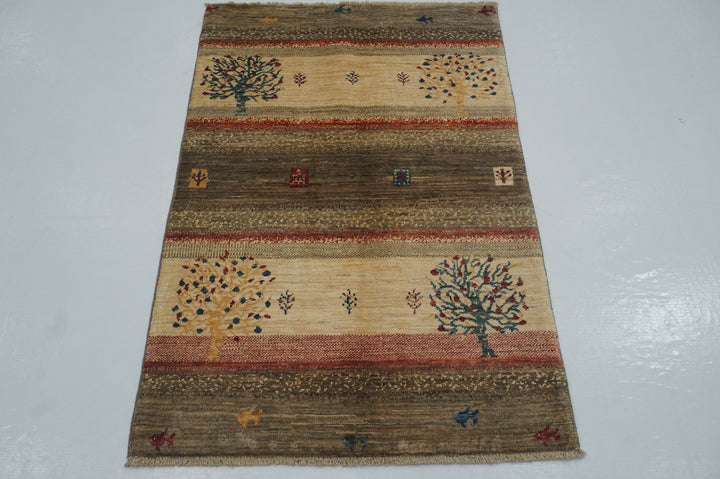3x4 Tree Gabbeh Beige Gray Afghan Hand Knotted Tribal Landscape Rug