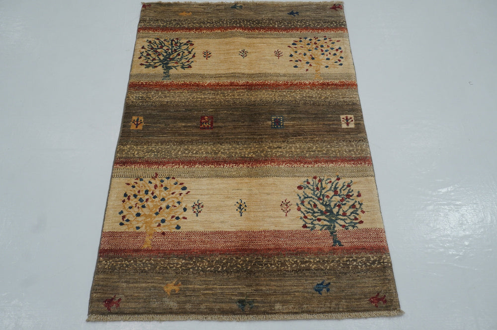 3x4 Tree Gabbeh Beige Gray Afghan Hand Knotted Tribal Landscape Rug - Yildiz Rugs