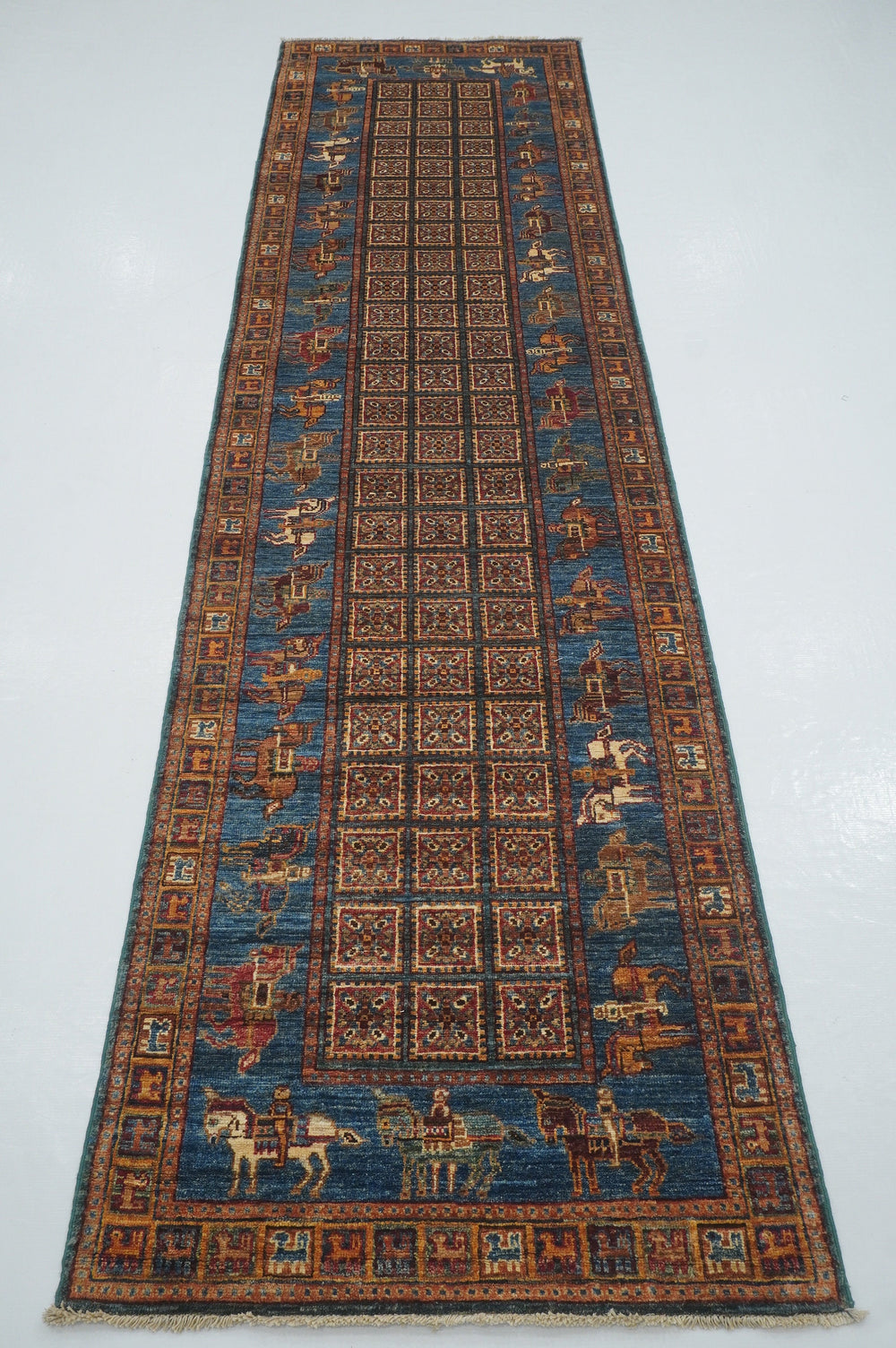 10 ft Blue Pazyryk Afghan Hand Knotted Oriental Runner Rug - Yildiz Rugs