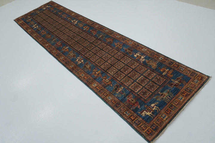 10 ft Blue Pazyryk Afghan Hand Knotted Oriental Runner Rug - Yildiz Rugs