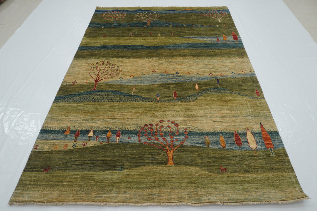 6x8 Green Gabbeh Tribal Landscape Afghan Hand Knotted Rug
