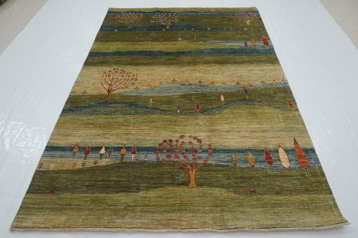 6x8 Green Gabbeh Tribal Landscape Afghan Hand Knotted Rug