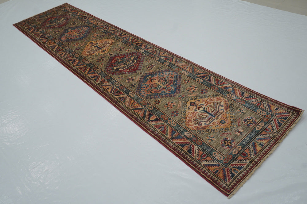 11 Ft Kazak Beige Gray Kazak Afghan Hand knotted Tribal Runner - Yildiz Rugs