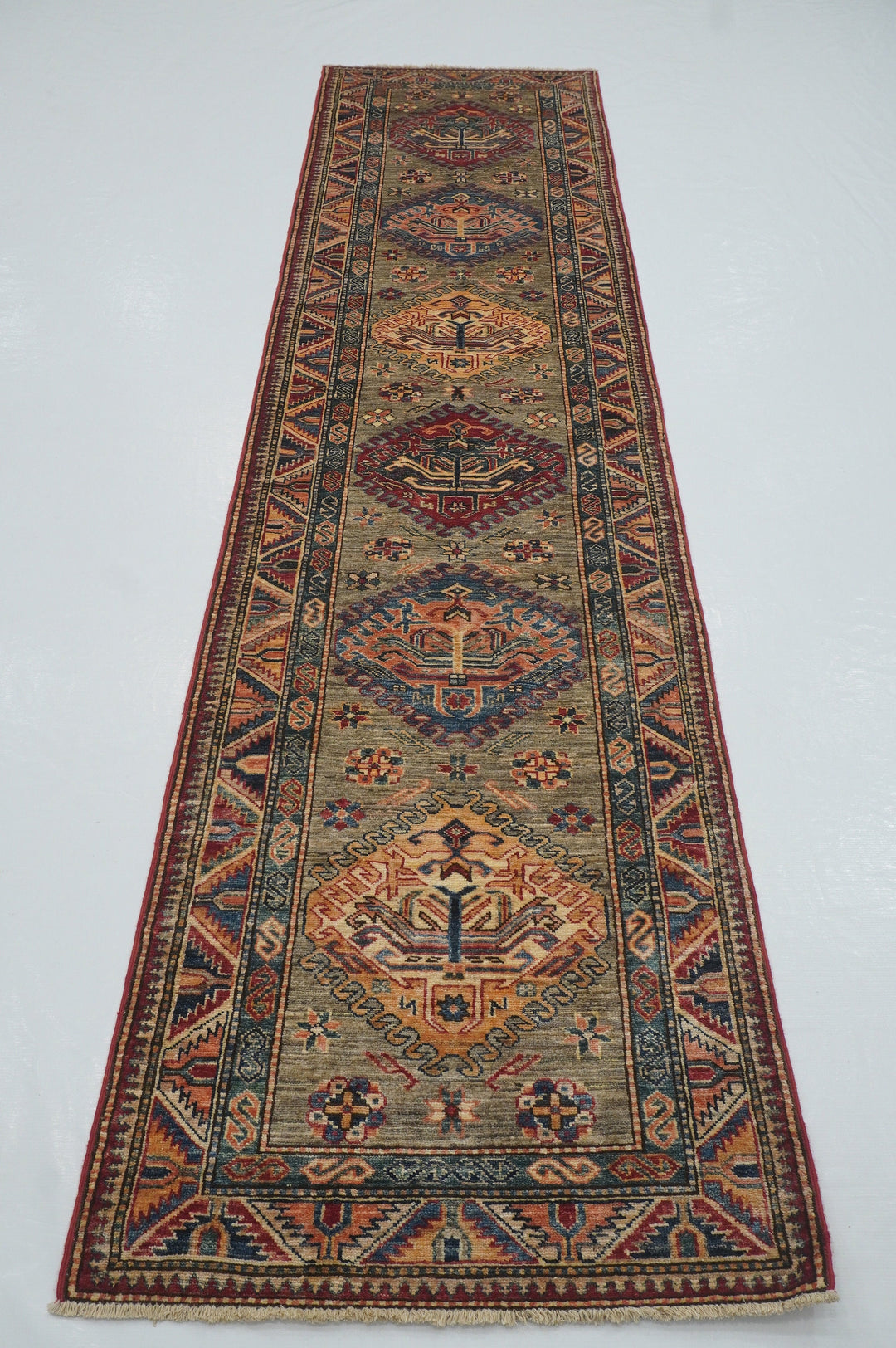 11 Ft Kazak Beige Gray Kazak Afghan Hand knotted Tribal Runner - Yildiz Rugs