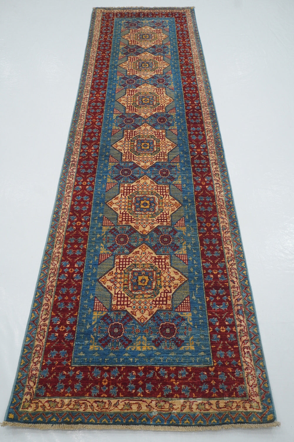 10 ft Mamluk Blue Hand knotted Turkish Runner Rug - Yildiz Rugs