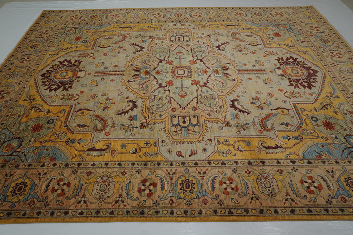 9x12 Serapi Brown Gray Gold Afghan Hand Knotted Medallion Area Rug - Yildiz Rugs