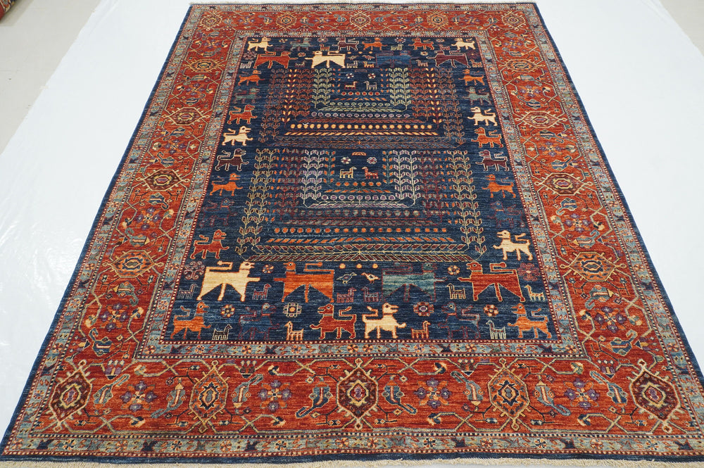 7x8 Navy Blue Tribal Qashqai Hand knotted Area Rug - Yildiz Rugs