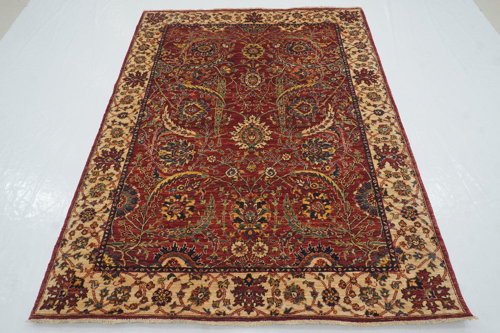 5x7 Red Oriental Sickle Leaf Afghan Hand Knotted Area Rug - Yildiz Rugs