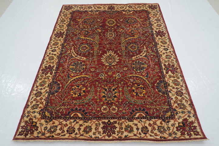 5x7 Red Oriental Sickle Leaf Afghan Hand Knotted Area Rug - Yildiz Rugs