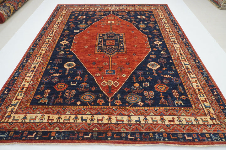 8x10 Tribal Gabbeh Red Navy Blue Nomad Qashqai Hand knotted Rug - Yildiz Rugs