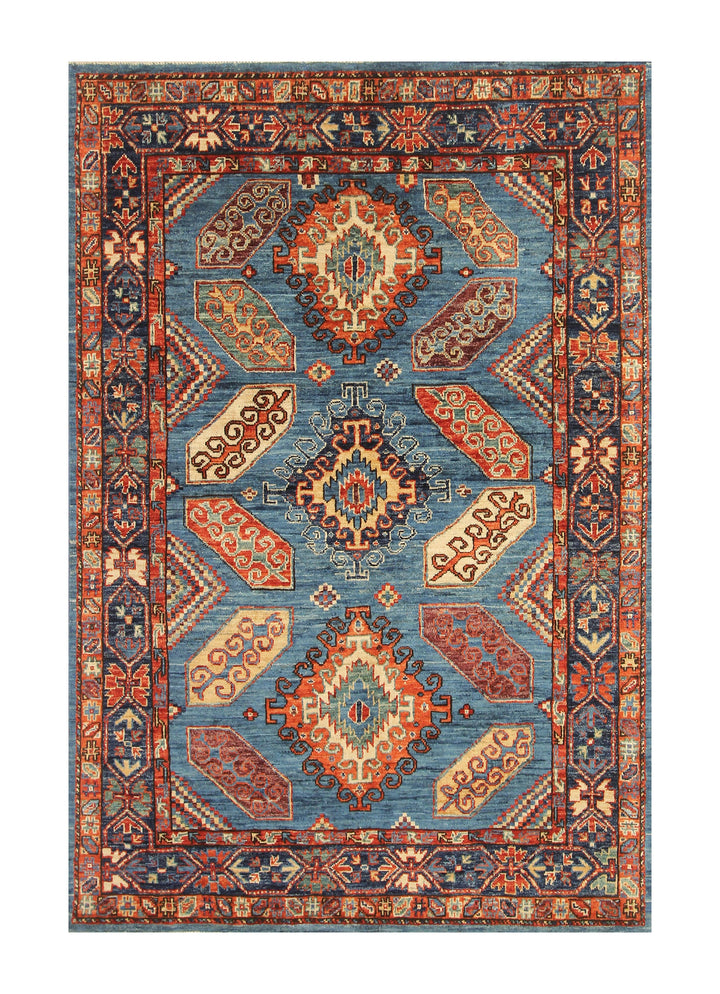 4x6 Blue Eagle Kazak Afghan Hand knotted Geometric Rug - Yildiz Rugs