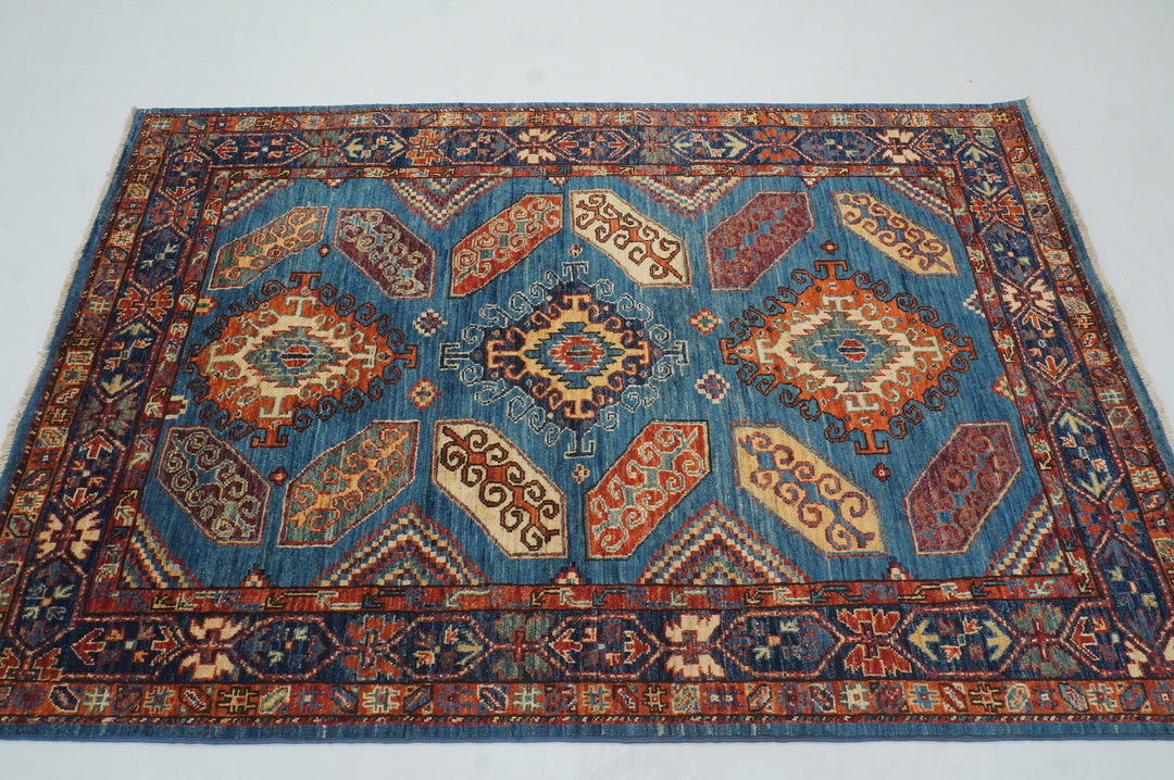 4x6 Blue Eagle Kazak Afghan Hand knotted Geometric Rug - Yildiz Rugs