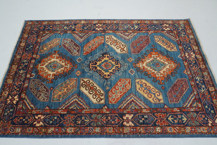 4x6 Blue Eagle Kazak Afghan Hand knotted Geometric Rug - Yildiz Rugs