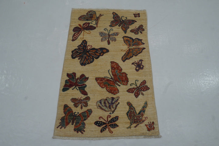 2x3 Butterfly Gabbeh Beige Afghan Hand knotted Rug - Yildiz Rugs