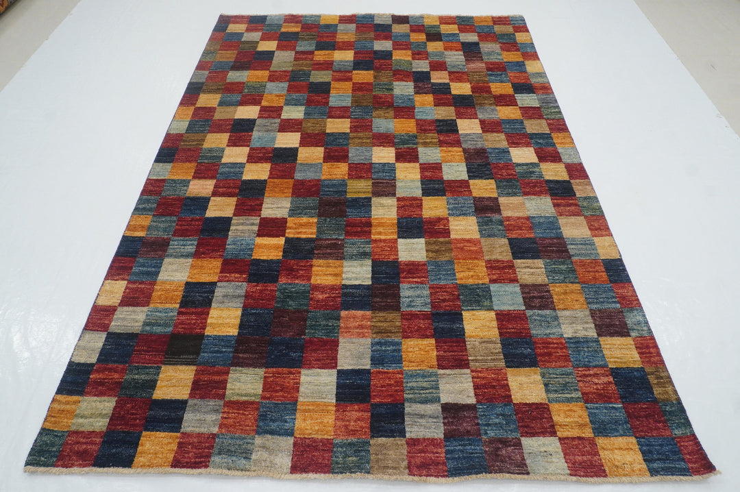 5'5x7'9 Checkered Multicolor box Gabbeh hand knotted Rug - Yildiz Rugs