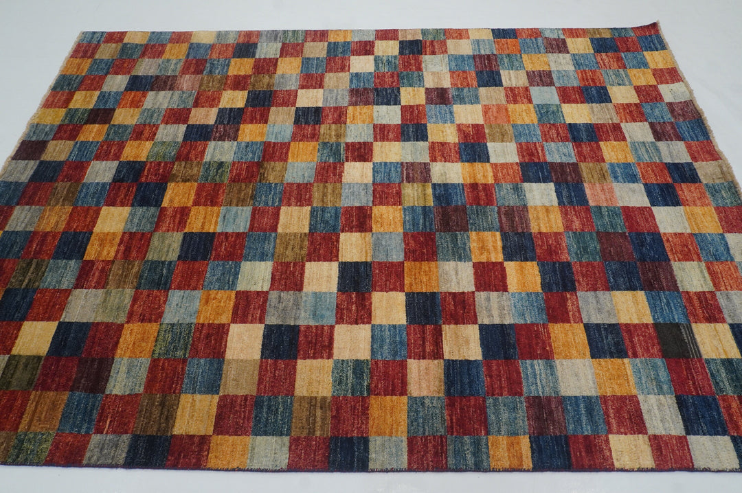 5'5x7'9 Checkered Multicolor box Gabbeh hand knotted Rug - Yildiz Rugs