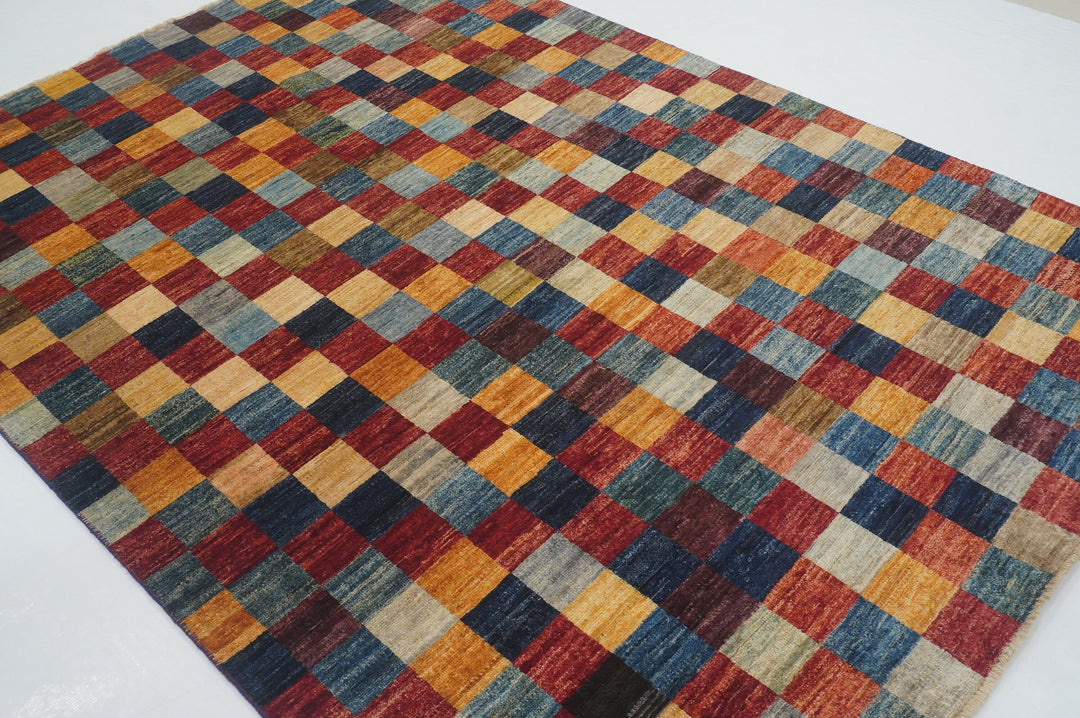 5'5x7'9 Checkered Multicolor box Gabbeh hand knotted Rug - Yildiz Rugs