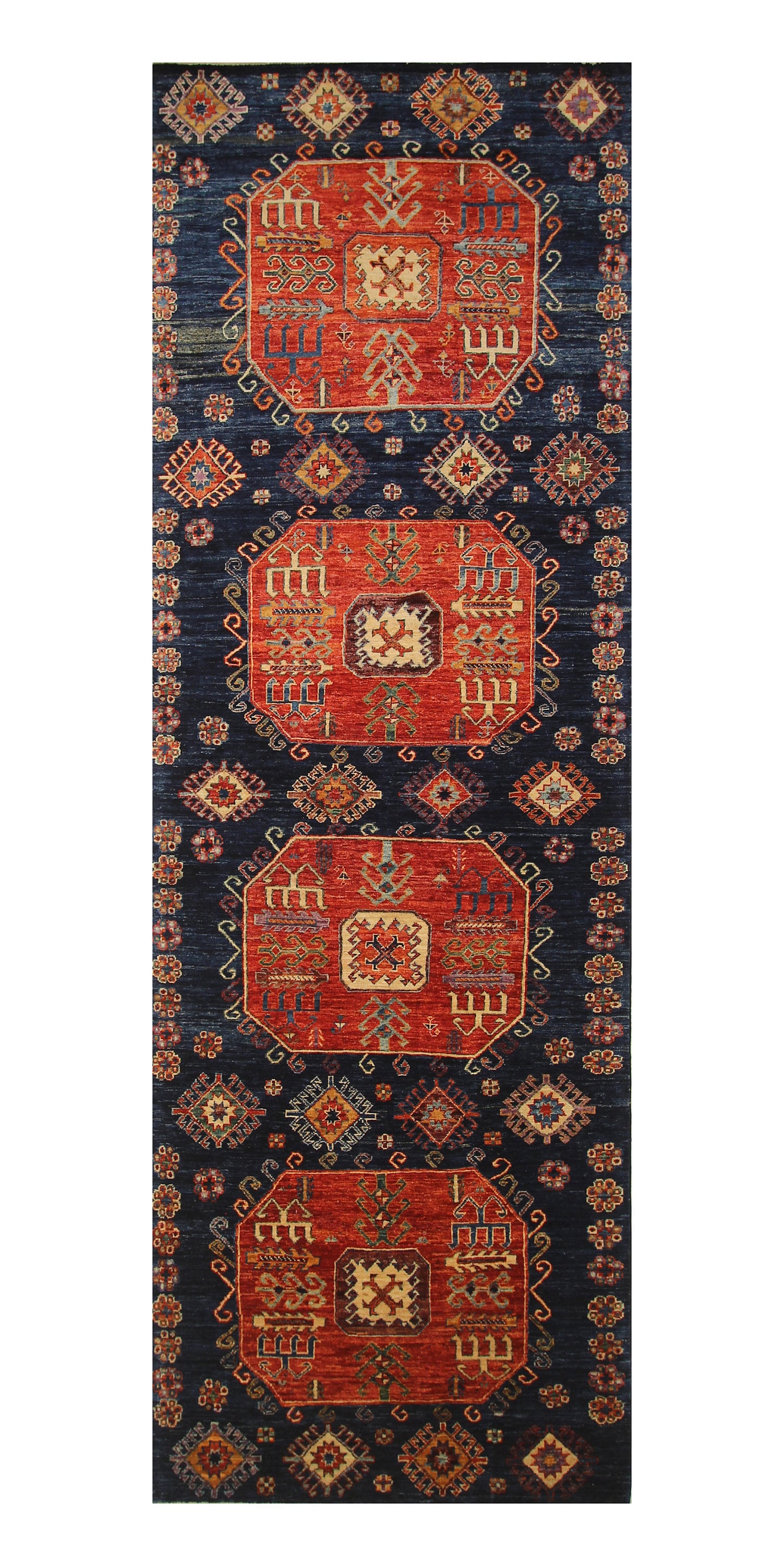 4x13 Tribal Kazak Navy Blue Afghan Hand knotted Wide Runner Rug - Yildiz Rugs