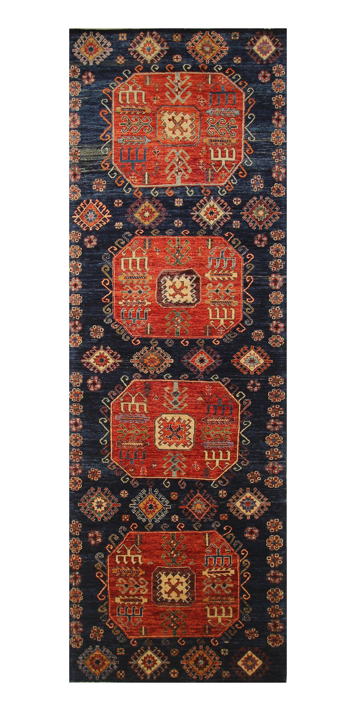 4x13 Tribal Kazak Navy Blue Afghan Hand knotted Wide Runner Rug - Yildiz Rugs