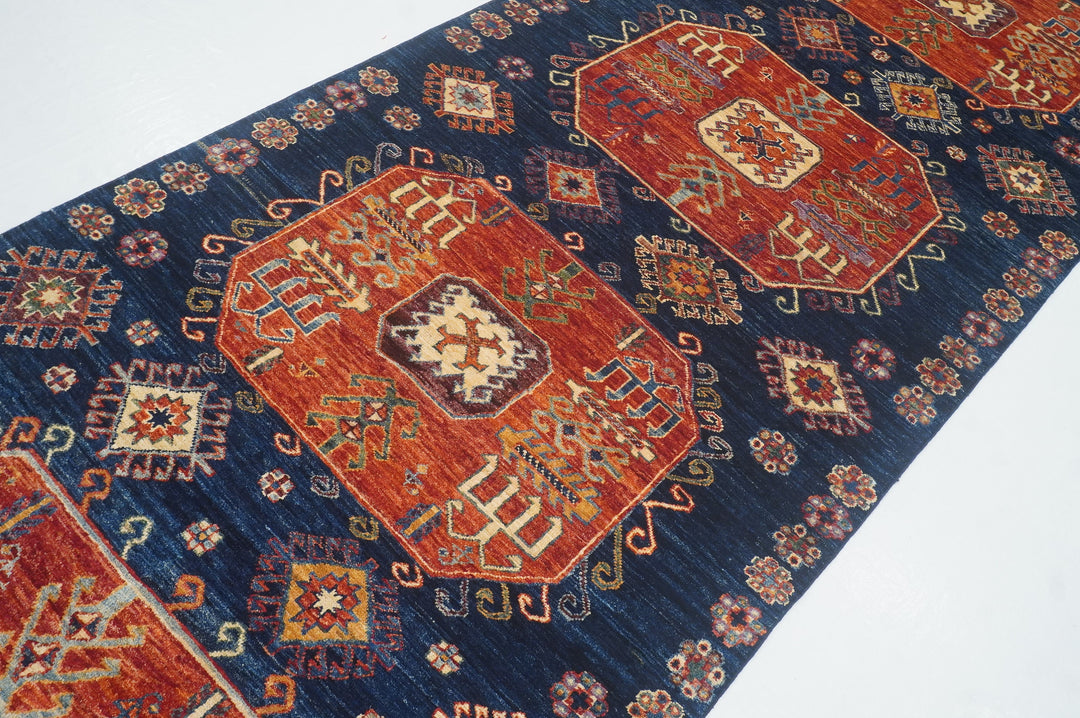 4x13 Tribal Kazak Navy Blue Afghan Hand knotted Wide Runner Rug - Yildiz Rugs