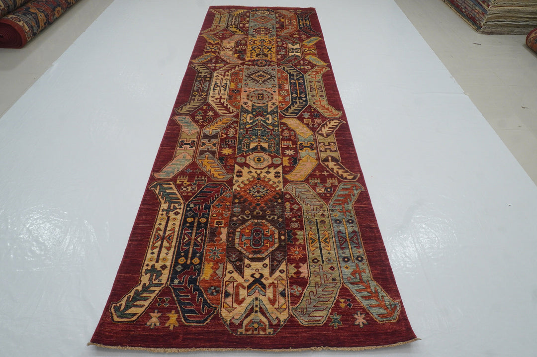 4x12 Red Baluch Transitional Afghan Hand knotted Wide Runner Rug - Yildiz Rugs