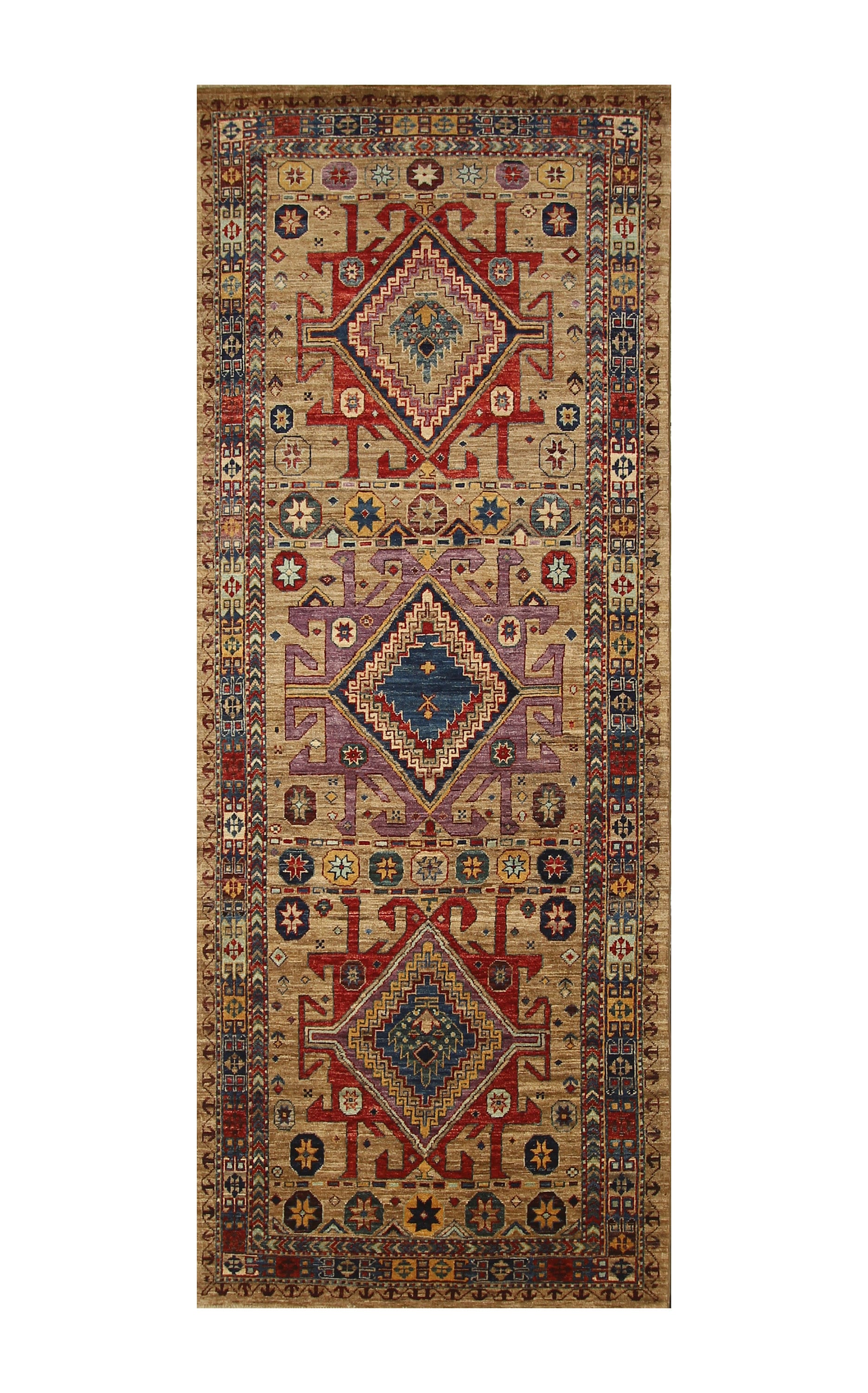 4x10 Kazak Taupe Gray Afghan Hand knotted Wide Runner Rug - Yildiz Rugs