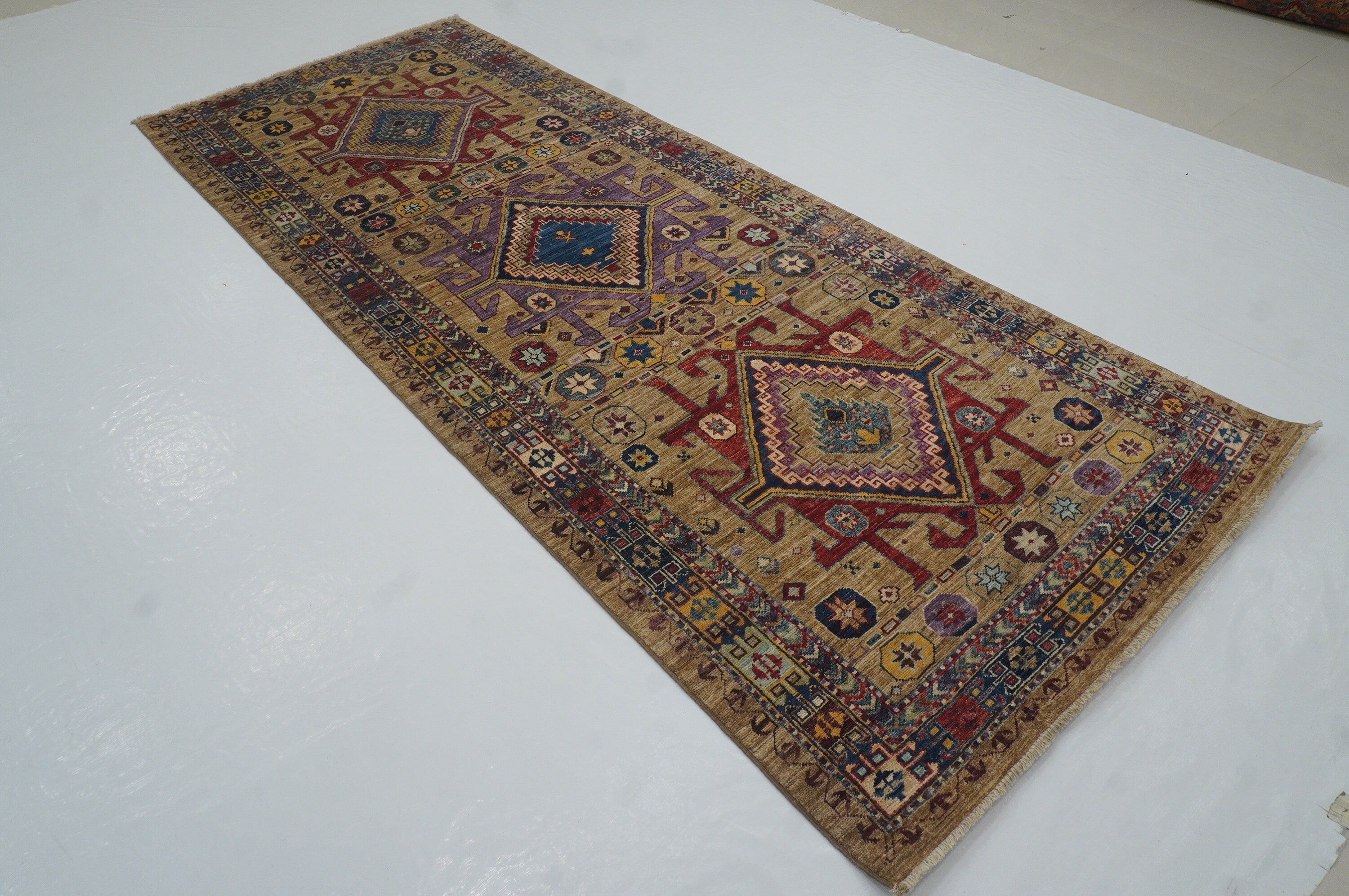 4x10 Kazak Taupe Gray Afghan Hand knotted Wide Runner Rug - Yildiz Rugs