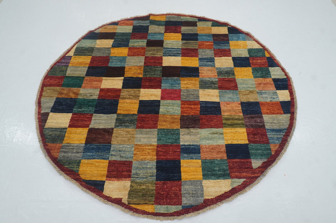 6x6 Checkered Multicolor box Gabbeh hand knotted Round Area Rug - Yildiz Rugs