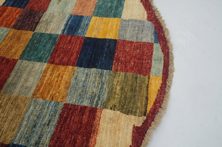 6x6 Checkered Multicolor box Gabbeh hand knotted Round Area Rug - Yildiz Rugs