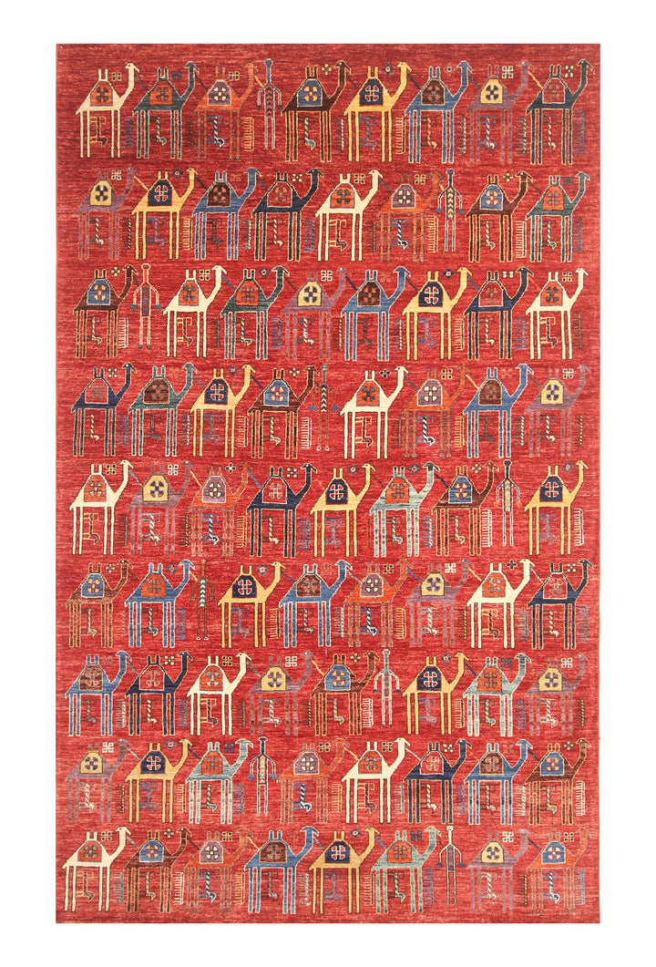 6x9 Red Camel Train Gabbeh Afghan Hand knotted Rug - Yildiz Rugs