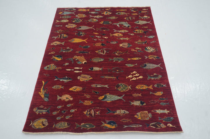 4x5 Deep Red Fish Gabbeh Afghan Hand knotted Premium Wool Rug - Yildiz Rugs