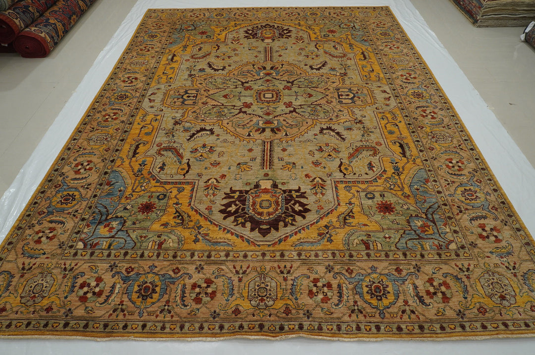 9x12 Serapi Brown Gray Gold Afghan Hand Knotted Medallion Area Rug - Yildiz Rugs