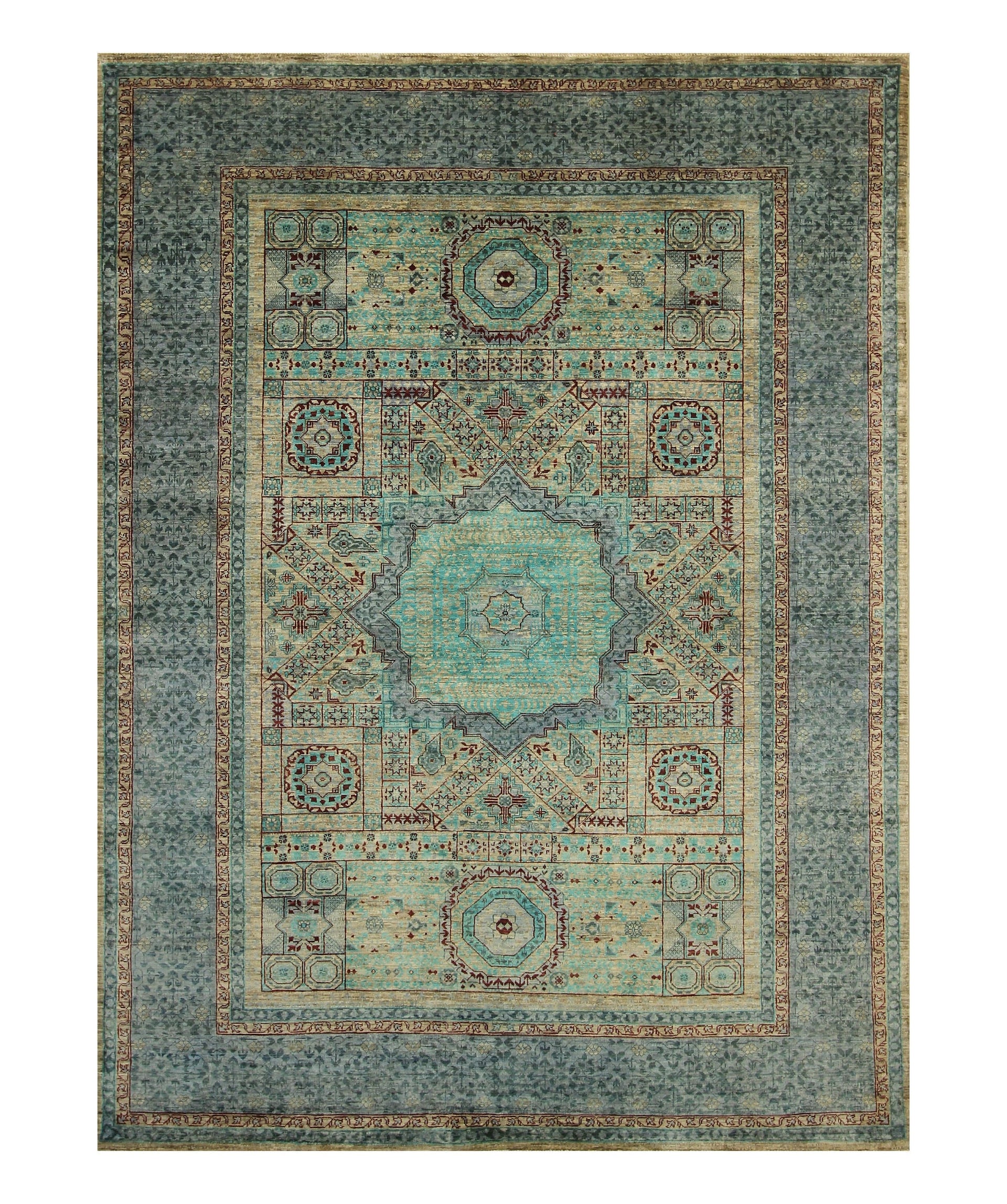 6x8 Mamluk Greenish Gray Turkish Hand Knotted Geometric Medallion Rug - Yildiz Rugs