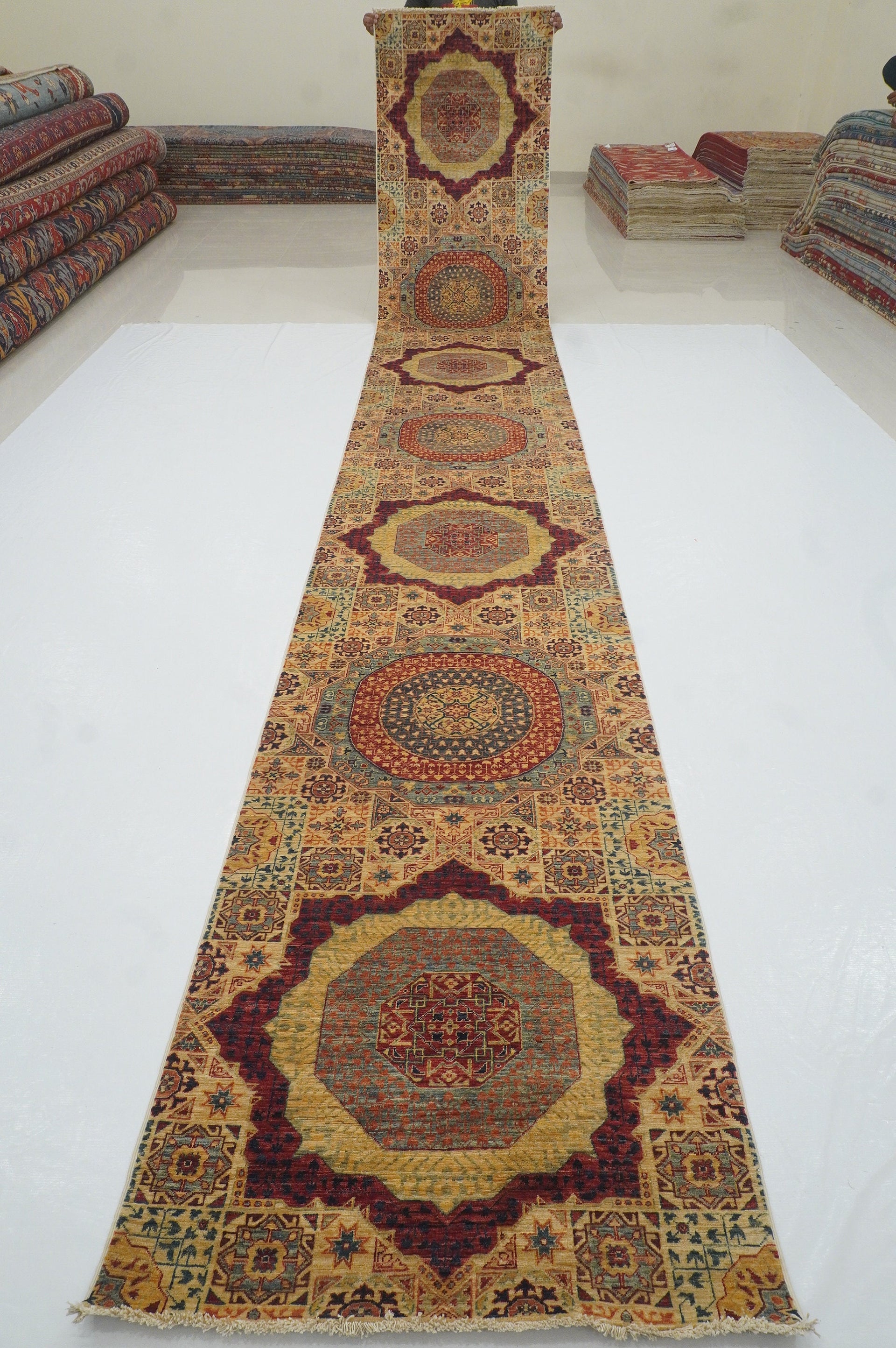 19 ft Beige Mamluk Hand knotted Long Turkish Runner Rug - Yildiz Rugs