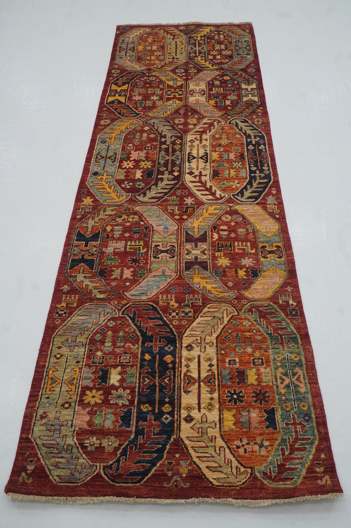 10 ft Red Baluch Tribal Afghan Hand knotted Runner Rug - Yildiz Rugs