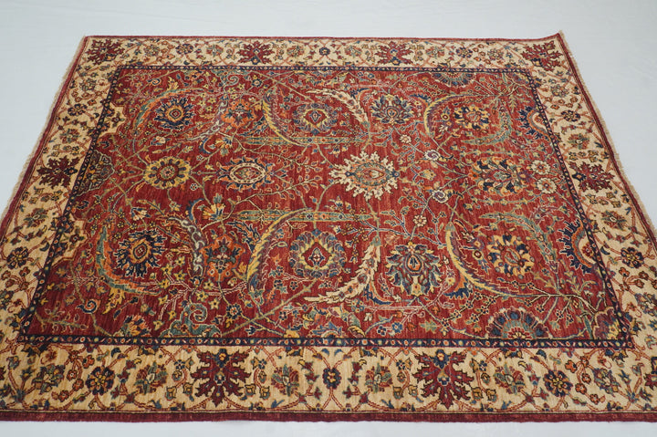 5x7 Red Oriental Sickle Leaf Afghan Hand Knotted Area Rug - Yildiz Rugs