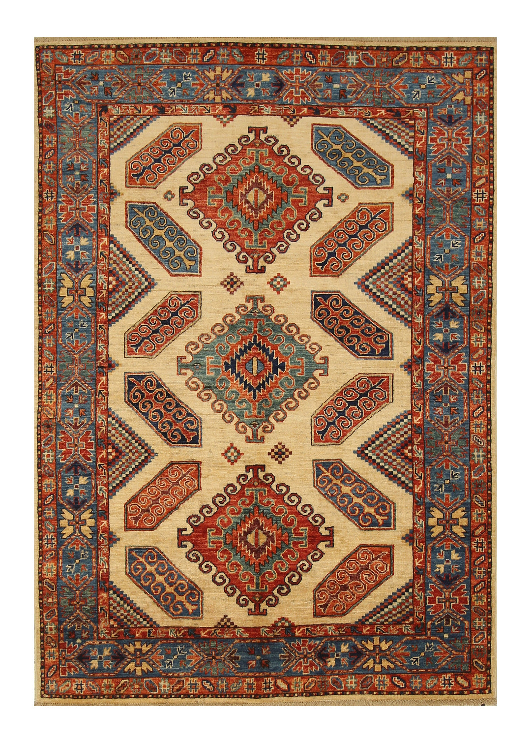 4x6 Beige Eagle Kazak Tribal Afghan Hand knotted Geometric Rug - Yildiz Rugs