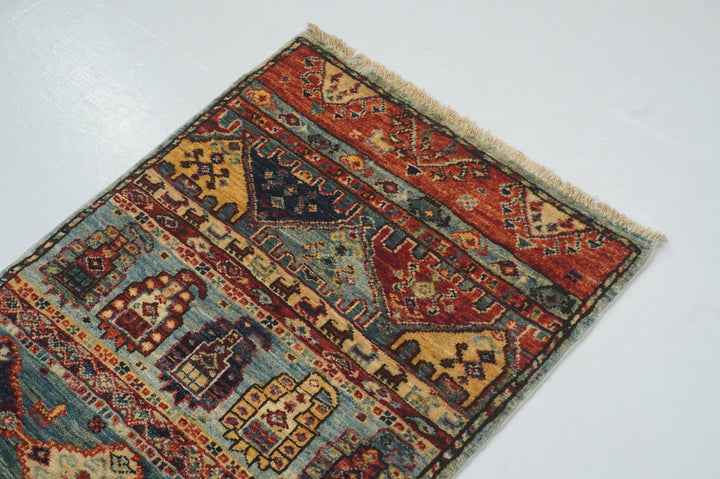 2x5 Blue Tribal Gabbeh Afghan Hand knotted Narrow Runner - Yildiz Rugs