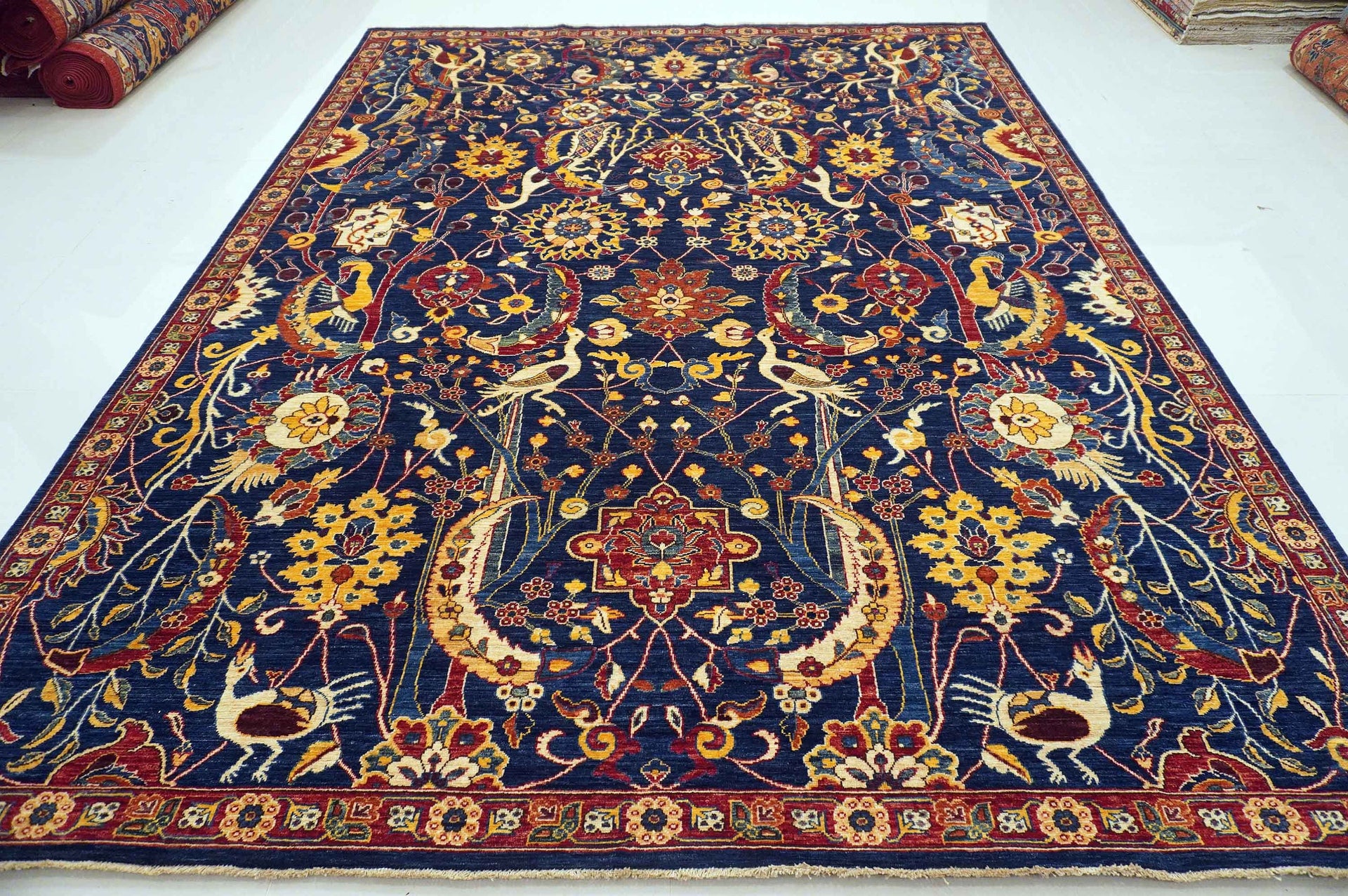 9x12 Tribal Bird Navy Blue Afghan Qashqai Hand knotted Rug - Yildiz Rugs