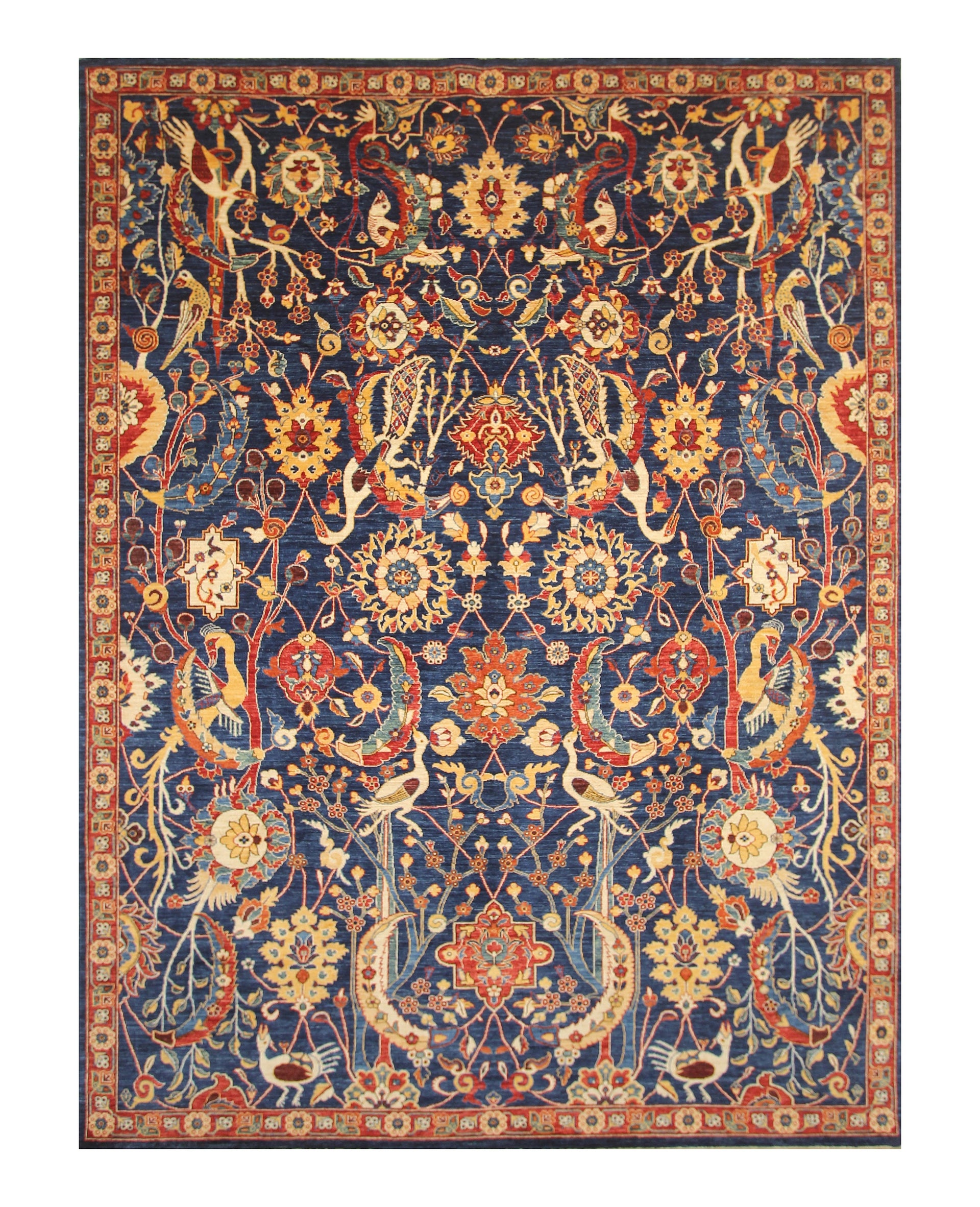 9x12 Tribal Bird Navy Blue Afghan Qashqai Hand knotted Rug - Yildiz Rugs