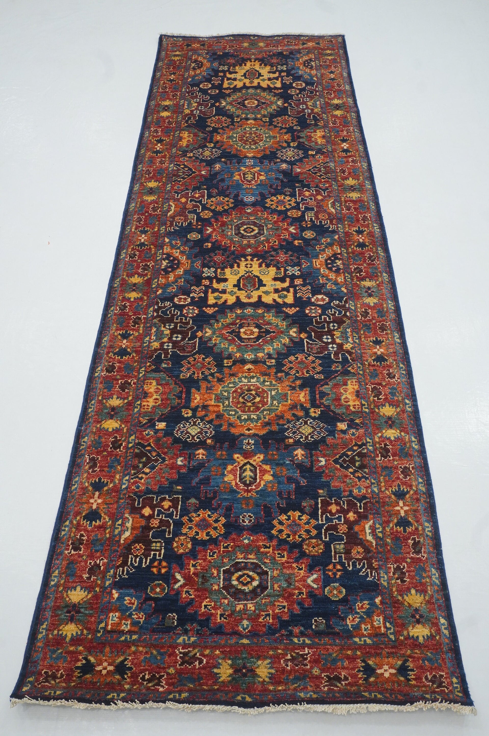 10 Ft Navy Blue Samarkand Afghan Hand Knotted Oriental Runner Rug - Yildiz Rugs