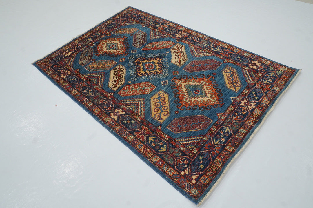 4x6 Blue Eagle Kazak Afghan Hand knotted Geometric Rug - Yildiz Rugs